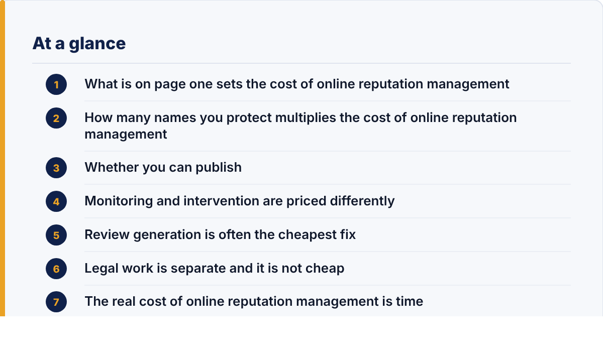 cost of online reputation management: the article's points at a glance