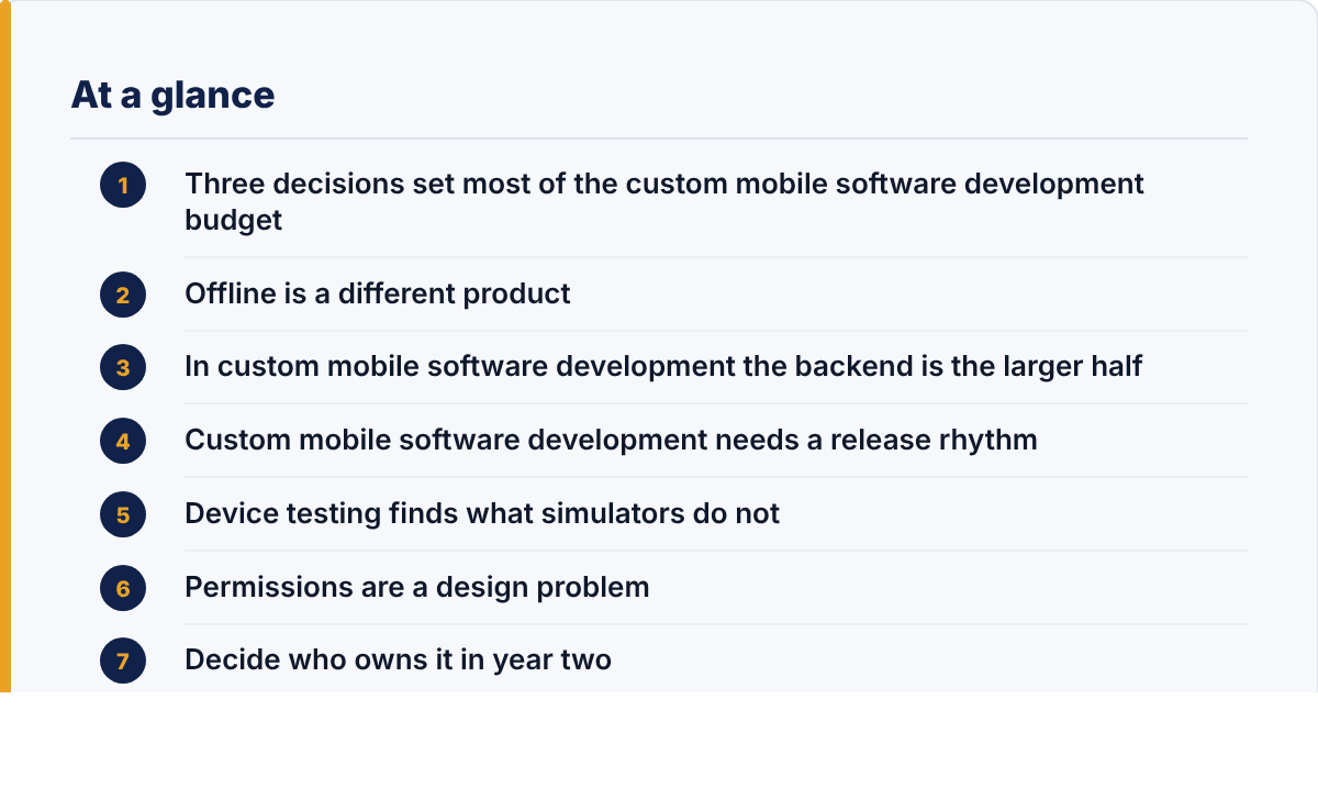 custom mobile software development: the article's points at a glance