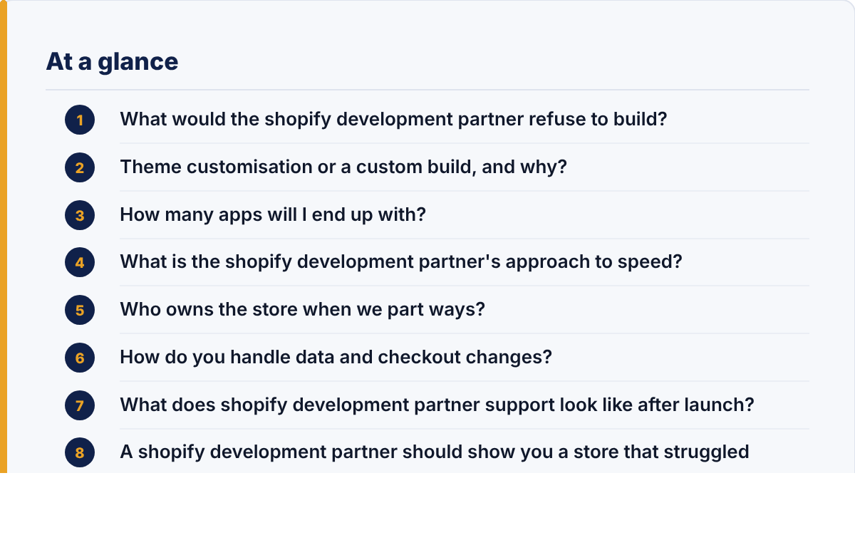shopify development partner: the article's points at a glance
